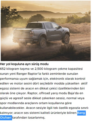 Bang & Olufsen, Yeni Ford Ranger Raptor'un Ses Sistemini Tasarladı